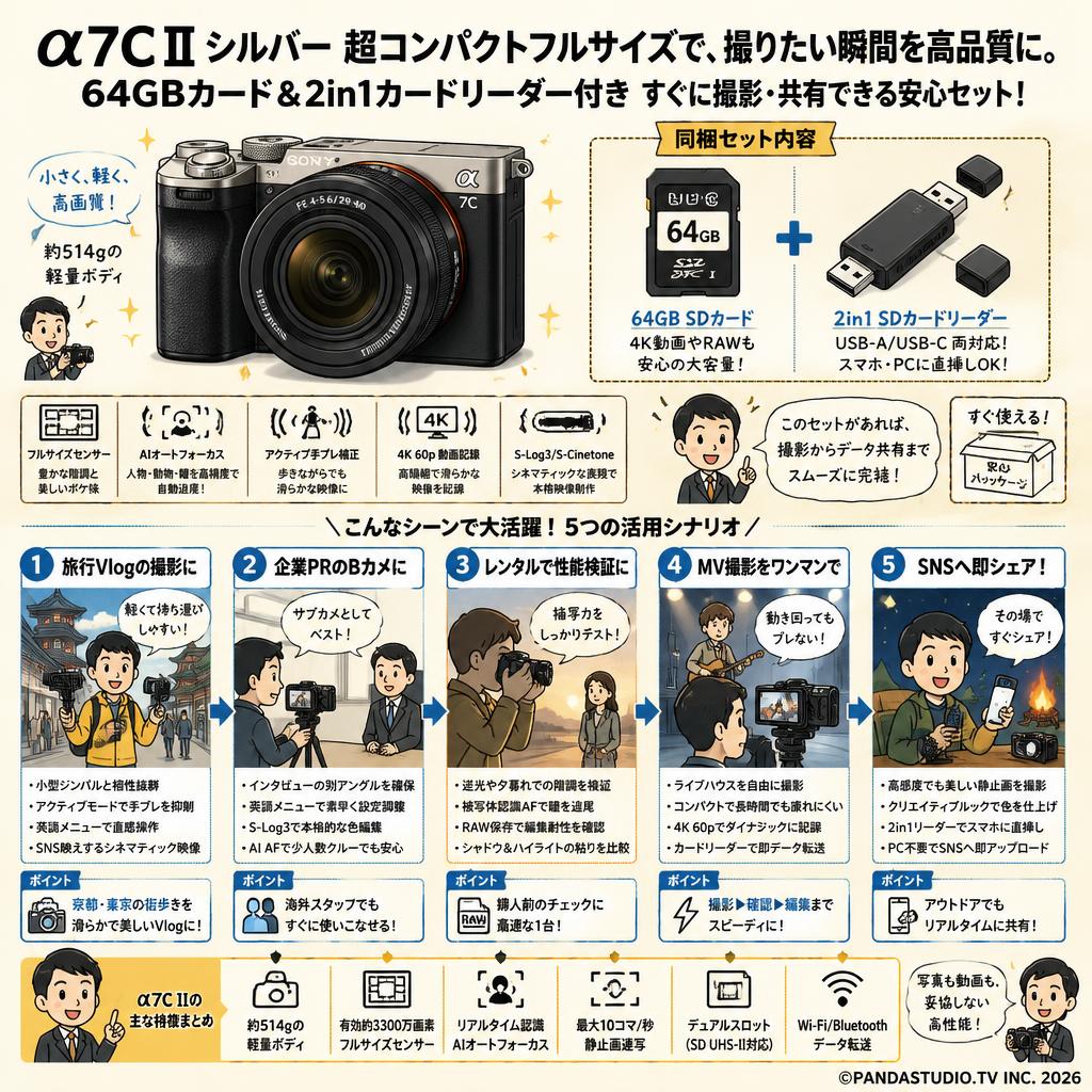 SONY α7C II ILCE-7CM2  シルバー(ミラーレスカメラ)（多言語 / 日本語なし）SDカード 64GB ＋ 2 in 1 SDカードリーダー付属 用途