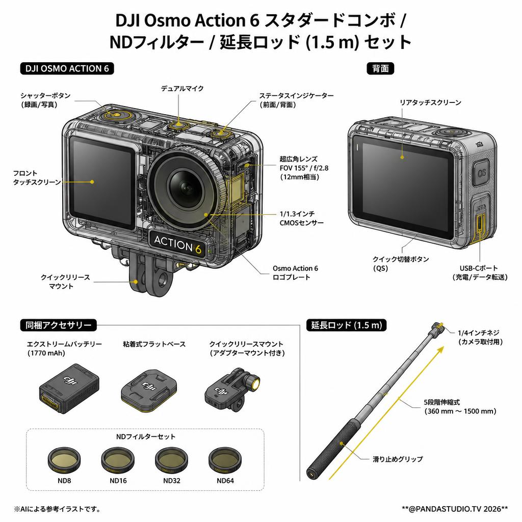 DJI Osmo Action 6 スタンダードコンボ / NDフィルター/ 延長ロッド (1.5 m) セット スペック