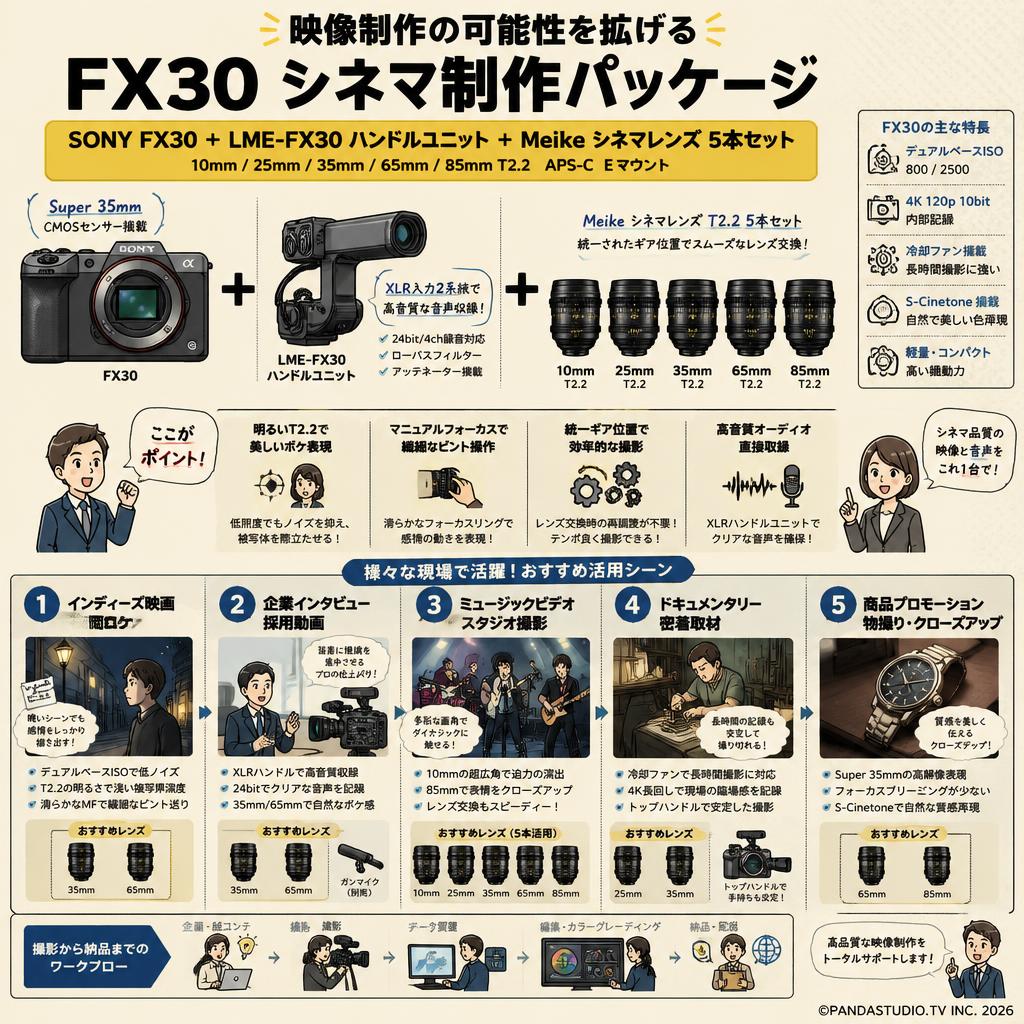 SONY FX30 LME-FX30 / ハンドルユニット/ Meike 10mm / 25mm / 35mm / 65mm / 85mm T2.2 シネマレンズ APS-C Eマウント 用途