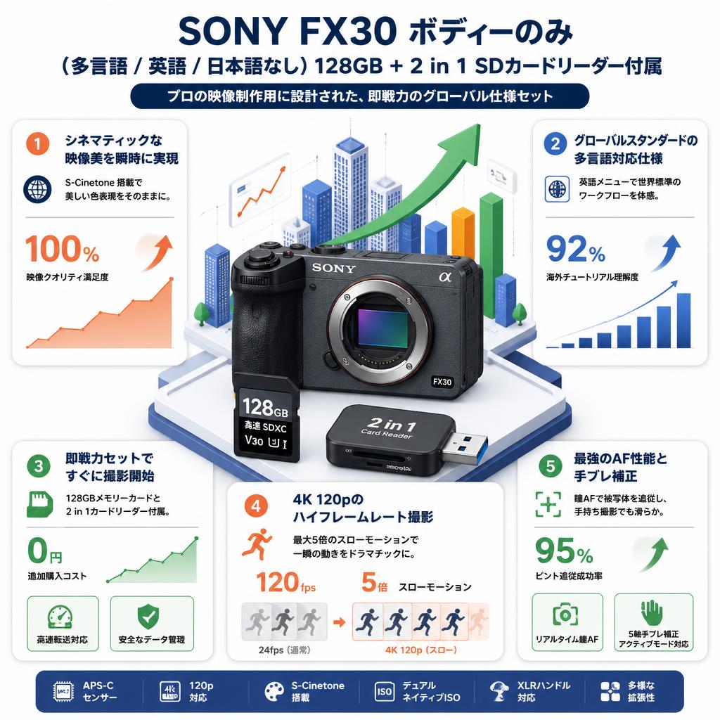 SONY FX30 ボディーのみ（多言語 / 英語 / 日本語なし）128GB ＋ 2 in 1 SDカードリーダー付属 セールスポイント