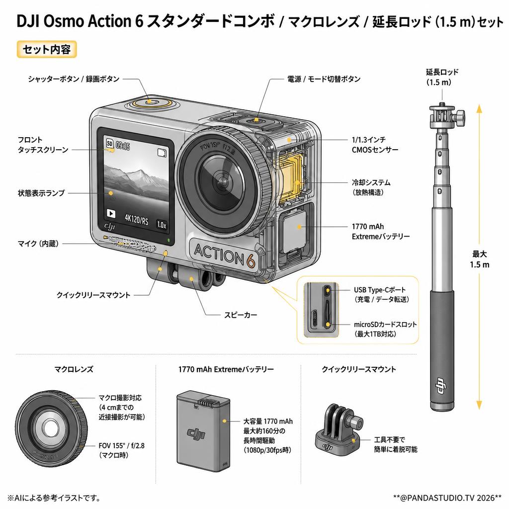 DJI Osmo Action 6 スタンダードコンボ / マクロレンズ / 延長ロッド (1.5 m)セット スペック