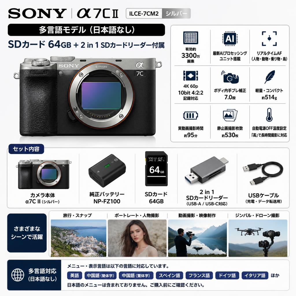 SONY α7C II ILCE-7CM2  シルバー(ミラーレスカメラ)（多言語 / 日本語なし）SDカード 64GB ＋ 2 in 1 SDカードリーダー付属 FAQ（よくある質問と答え）