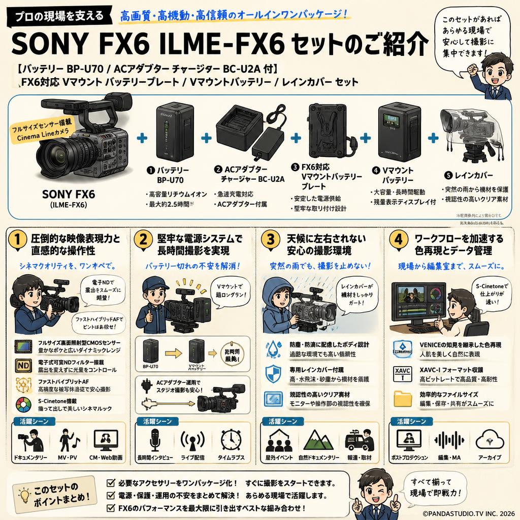 SONY FX6  ILME-FX6【バッテリー BP-U70 / ACアダプター チャージャー BC-U2A 付】 / FX6対応 Vマウント バッテリープレート / Vマウントバッテリー / レインカバー セット 概要
