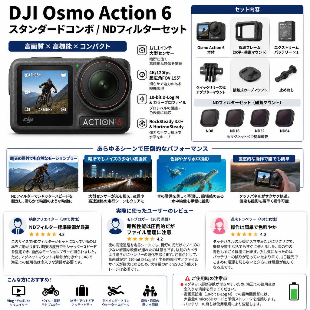 DJI Osmo Action 6 スタンダードコンボ / NDフィルターセット インターネット上のお客様の声（評判）