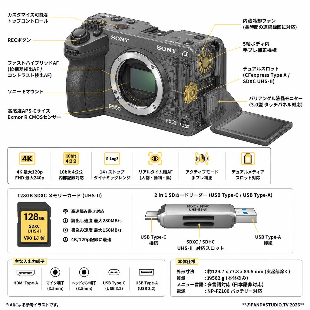 SONY FX30 ボディーのみ（多言語 / 英語 / 日本語なし）128GB ＋ 2 in 1 SDカードリーダー付属 スペック