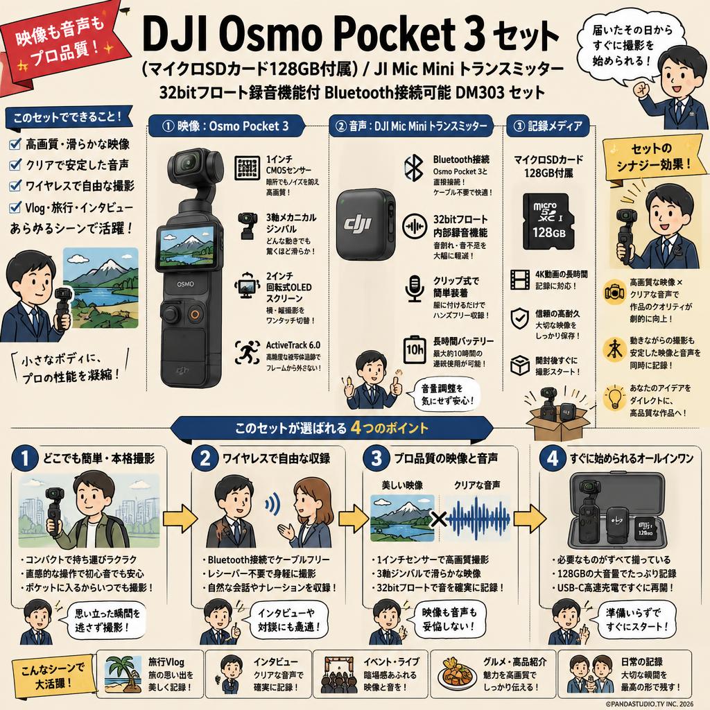 DJI Osmo Pocket 3 (マイクロSDカード128GB付属) / JI Mic Mini トランスミッター  32bitフロート録音機能付 Bluetooth接続可能 DM303 セット 概要