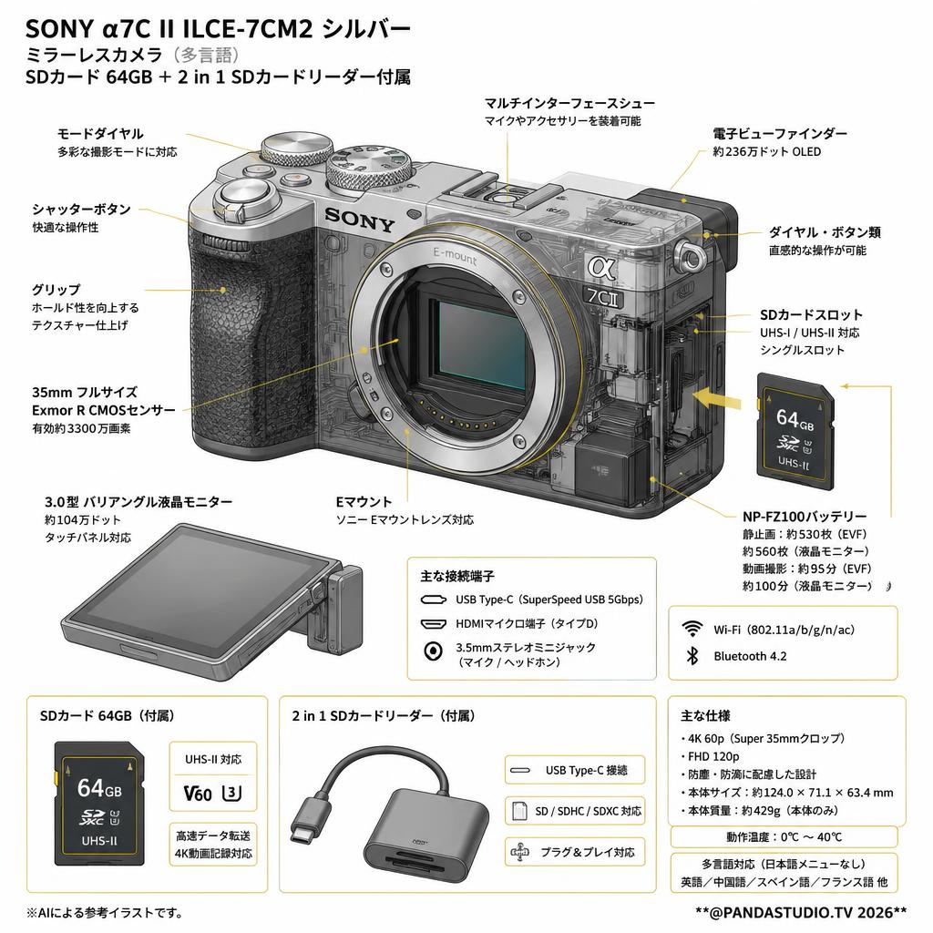 SONY α7C II ILCE-7CM2  シルバー(ミラーレスカメラ)（多言語 / 日本語なし）SDカード 64GB ＋ 2 in 1 SDカードリーダー付属 スペック