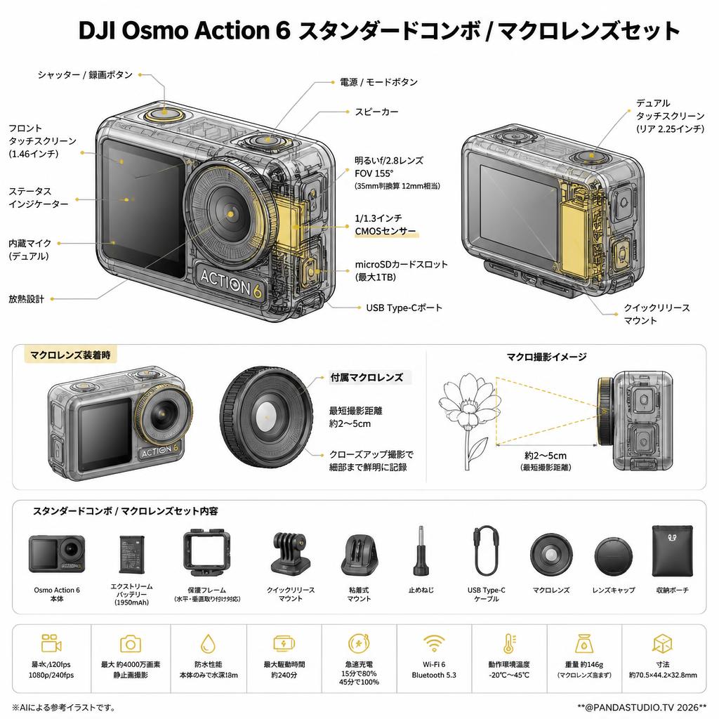 DJI Osmo Action 6 スタンダードコンボ / マクロレンズセット スペック