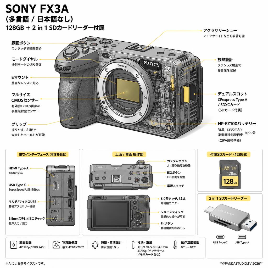 SONY FX3A（多言語 / 日本語なし）128GB ＋ 2 in 1 SDカードリーダー付属 スペック
