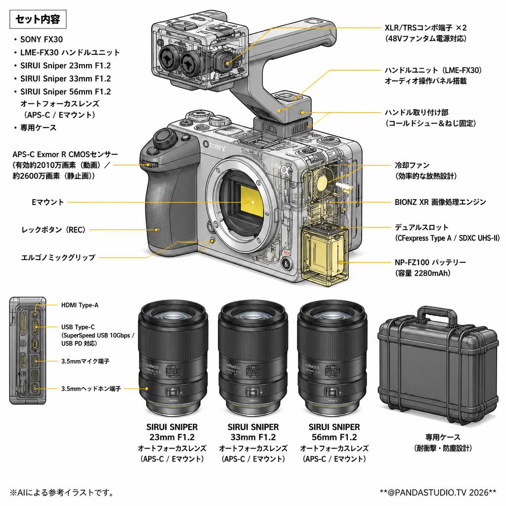 SONY FX30 LME-FX30 / ハンドルユニット / SIRUI Sniper 23mm / 33mm / 56mm F1.2 オートフォーカスレンズAPS-C 3本 Eマウント ブラック + 専用ケース セット スペック