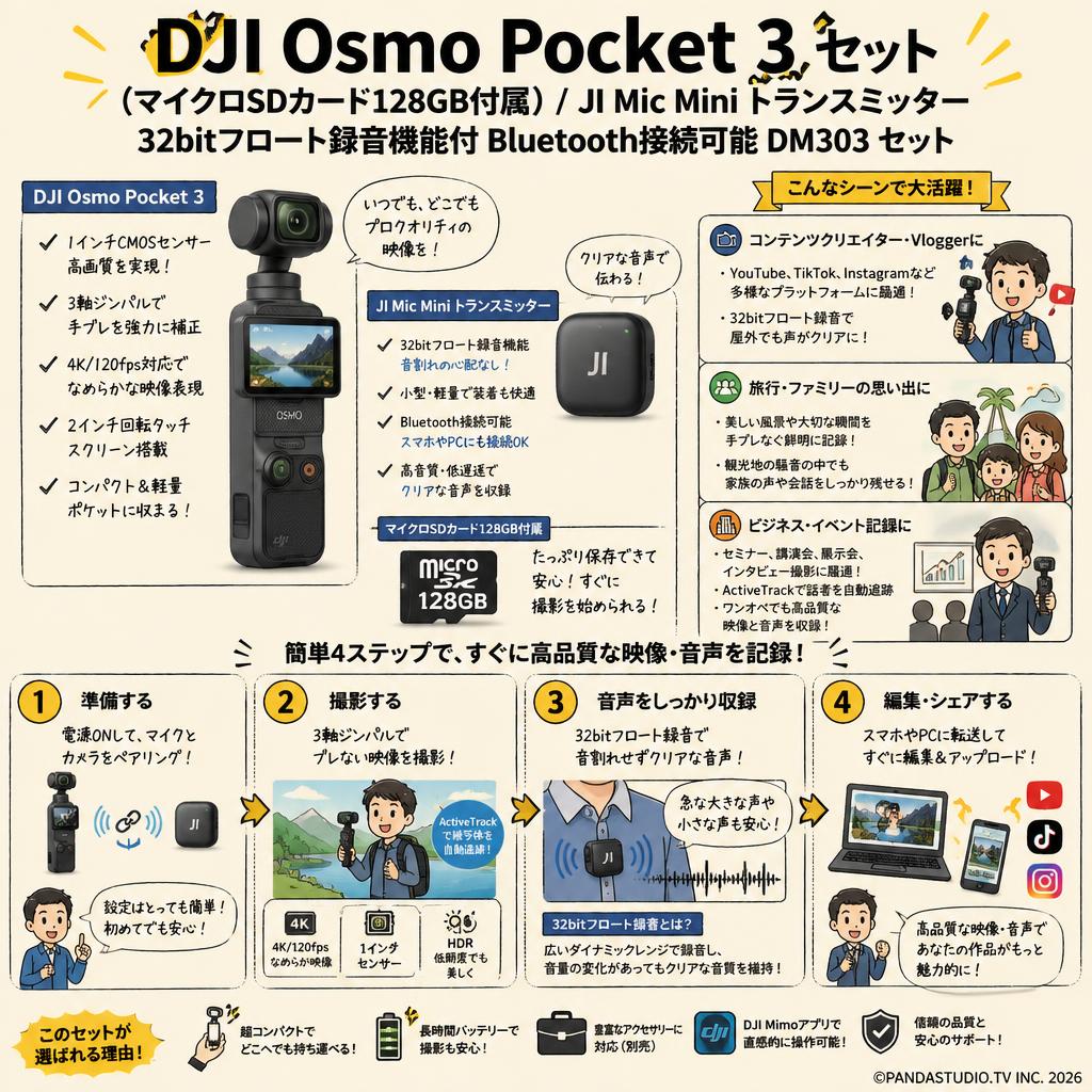 DJI Osmo Pocket 3 (マイクロSDカード128GB付属) / JI Mic Mini トランスミッター  32bitフロート録音機能付 Bluetooth接続可能 DM303 セット おもな対象のお客様