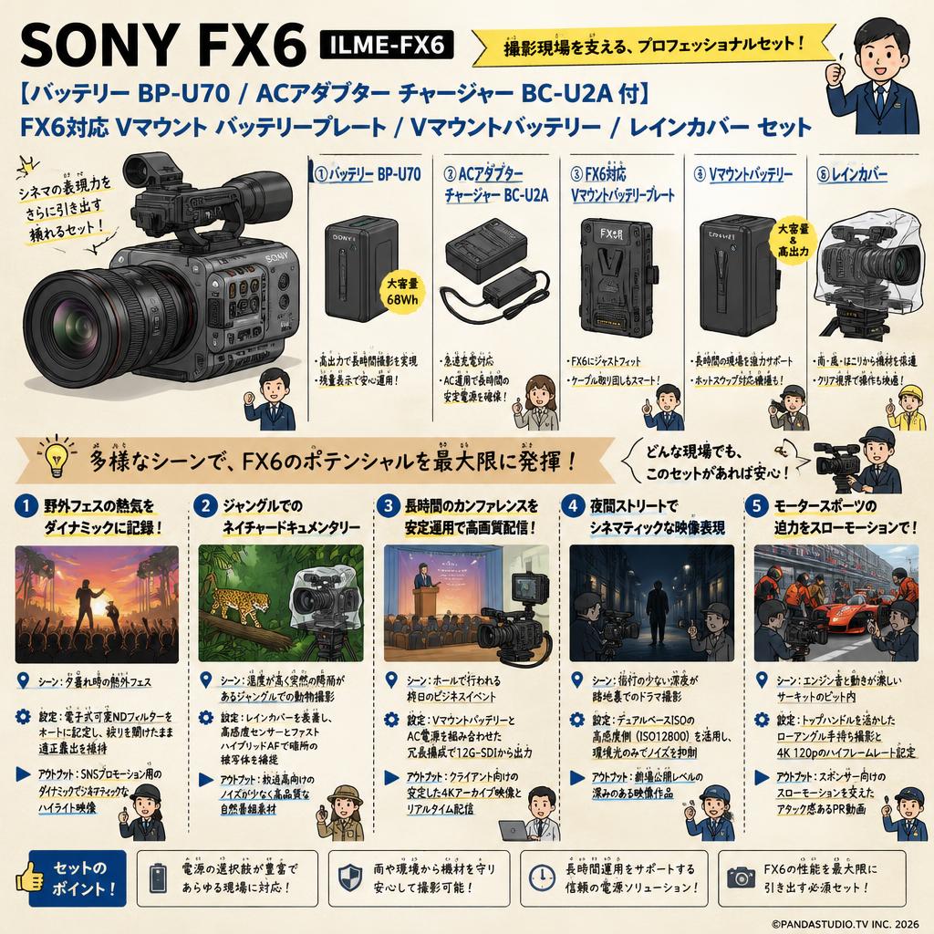 SONY FX6  ILME-FX6【バッテリー BP-U70 / ACアダプター チャージャー BC-U2A 付】 / FX6対応 Vマウント バッテリープレート / Vマウントバッテリー / レインカバー セット 用途