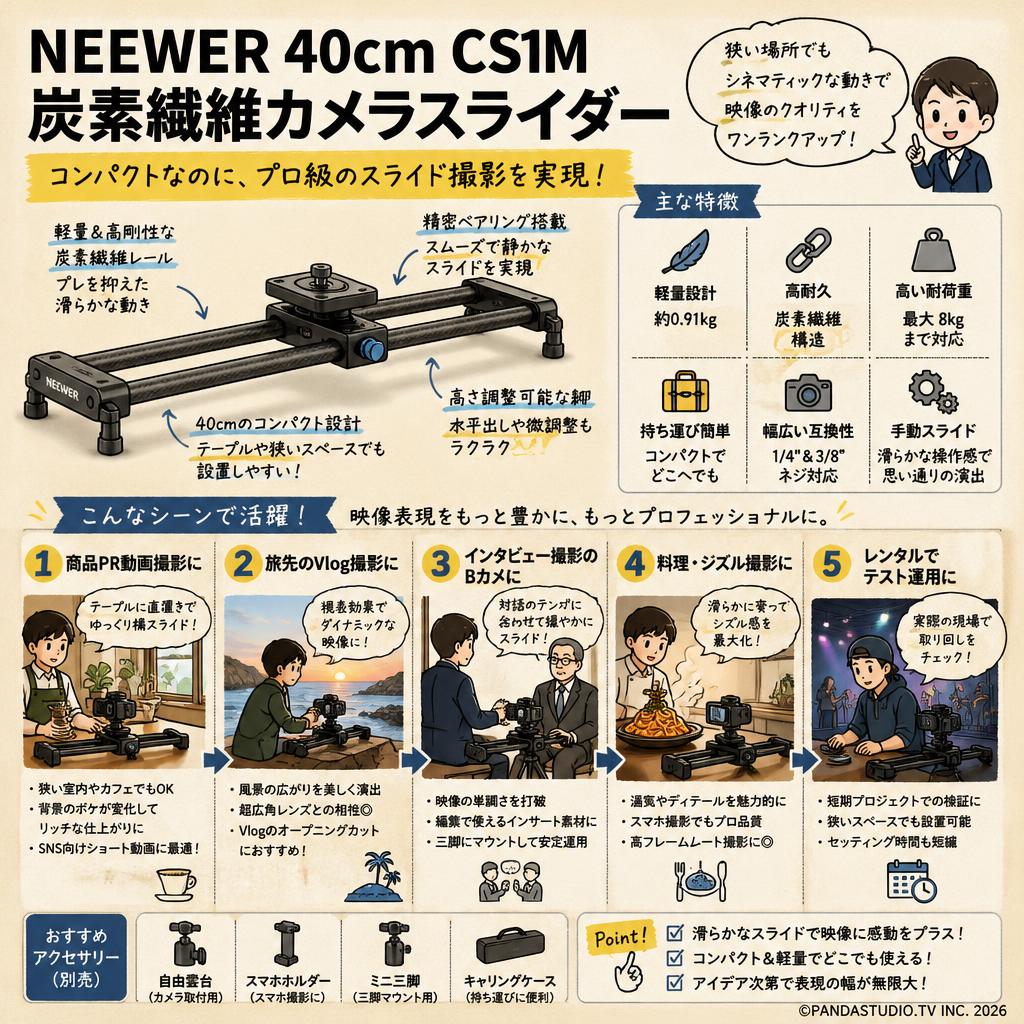 NEEWER 40cm CS1M 炭素繊維カメラスライダー 用途