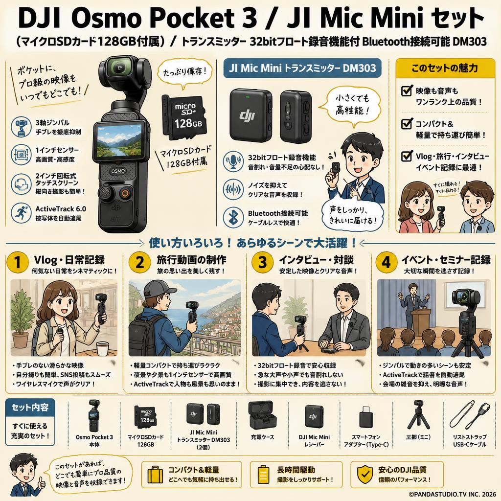 DJI Osmo Pocket 3 (マイクロSDカード128GB付属) / JI Mic Mini トランスミッター  32bitフロート録音機能付 Bluetooth接続可能 DM303 セット 用途