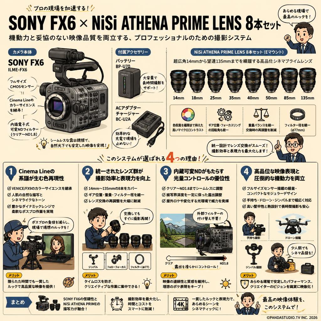 SONY FX6 ILME-FX6【バッテリー BP-U70 / ACアダプター チャージャー BC-U2A 付】/ NiSi ATHENA PRIME LENS アテナプライム 14mm / 18mm / 25mm / 35mm / 40mm / 50mm / 85mm/ 135mm Eマウント 8本セット 概要