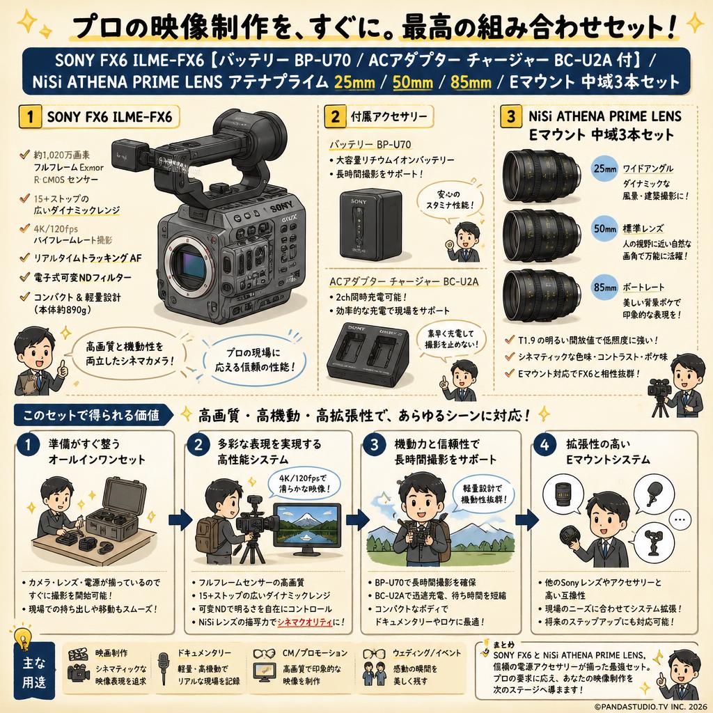 SONY FX6 ILME-FX6【バッテリー BP-U70 / ACアダプター チャージャー BC-U2A 付】/ NiSi ATHENA PRIME LENS アテナプライム  25mm / 50mm / 85mm/  Eマウント 中域3本セット 概要