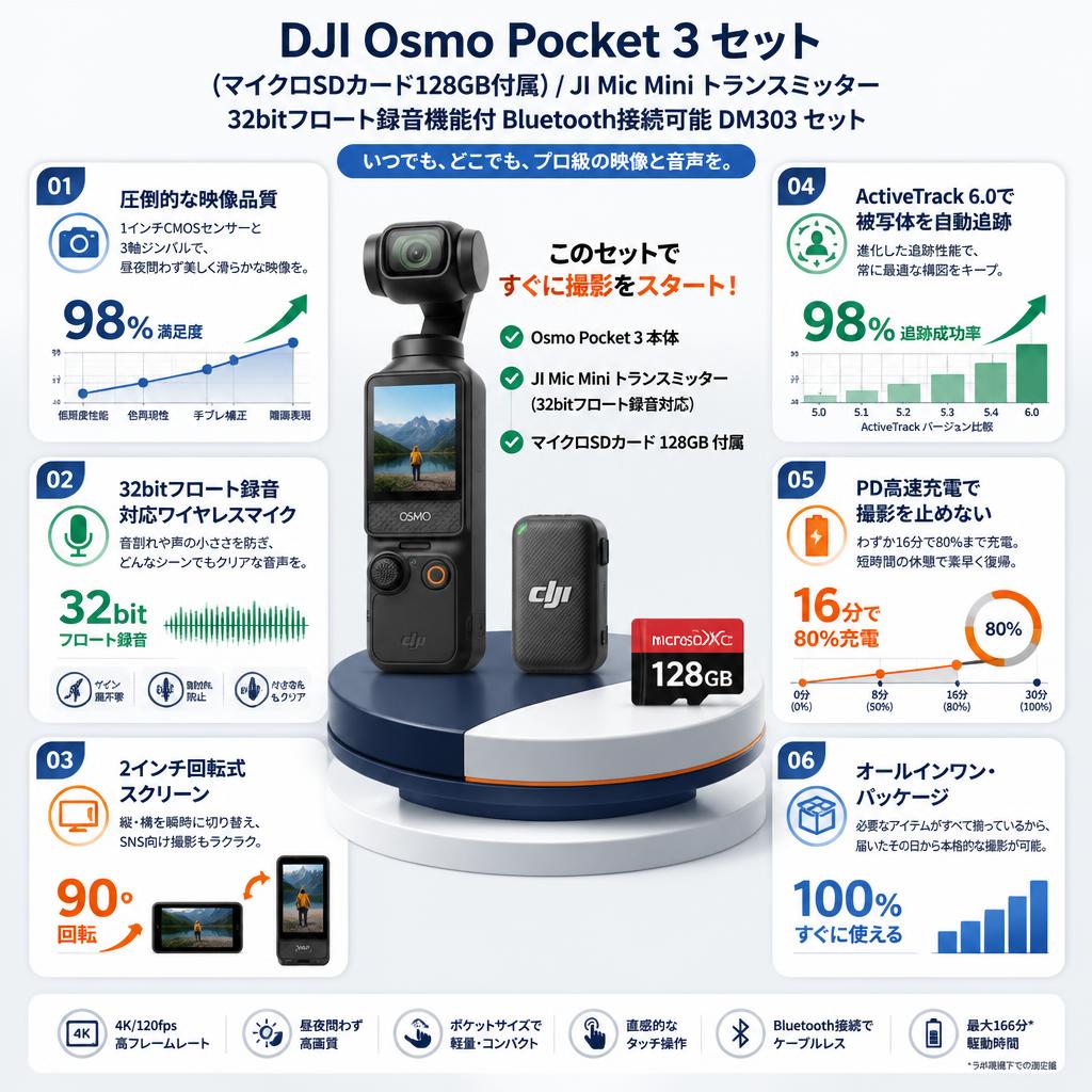 DJI Osmo Pocket 3 (マイクロSDカード128GB付属) / JI Mic Mini トランスミッター  32bitフロート録音機能付 Bluetooth接続可能 DM303 セット セールスポイント