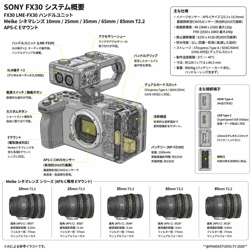 SONY FX30 LME-FX30 / ハンドルユニット/ Meike 10mm / 25mm / 35mm / 65mm / 85mm T2.2 シネマレンズ APS-C Eマウント スペック