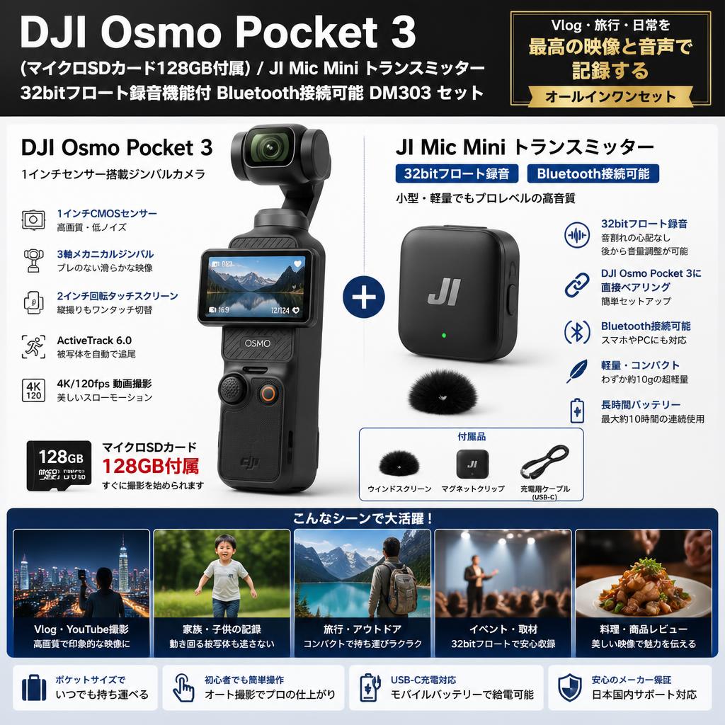 DJI Osmo Pocket 3 (マイクロSDカード128GB付属) / JI Mic Mini トランスミッター  32bitフロート録音機能付 Bluetooth接続可能 DM303 セット インターネット上のお客様の声（評判）