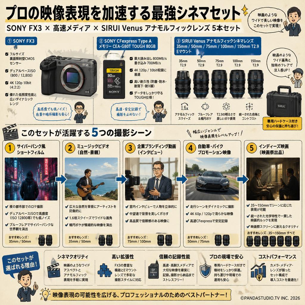 SONY FX3 / SONY CFexpress Type A メモリー CEA-G80T TOUGH 80GB / SIRUI Venus アナモルフィックシネマ レンズ 35mm / 50mm / 75mm / 100mm / 150mm T2.9 Eマウント 専用ハードケース付き 用途