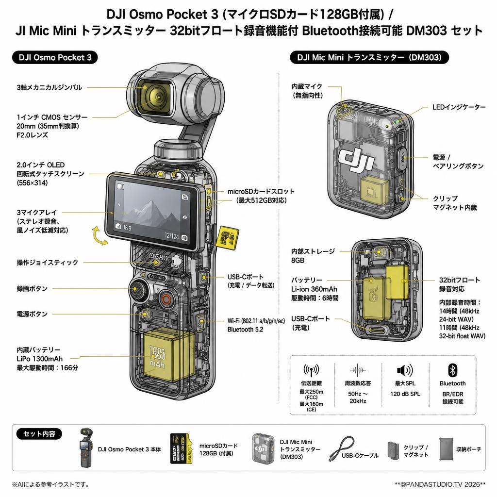 DJI Osmo Pocket 3 (マイクロSDカード128GB付属) / JI Mic Mini トランスミッター  32bitフロート録音機能付 Bluetooth接続可能 DM303 セット スペック