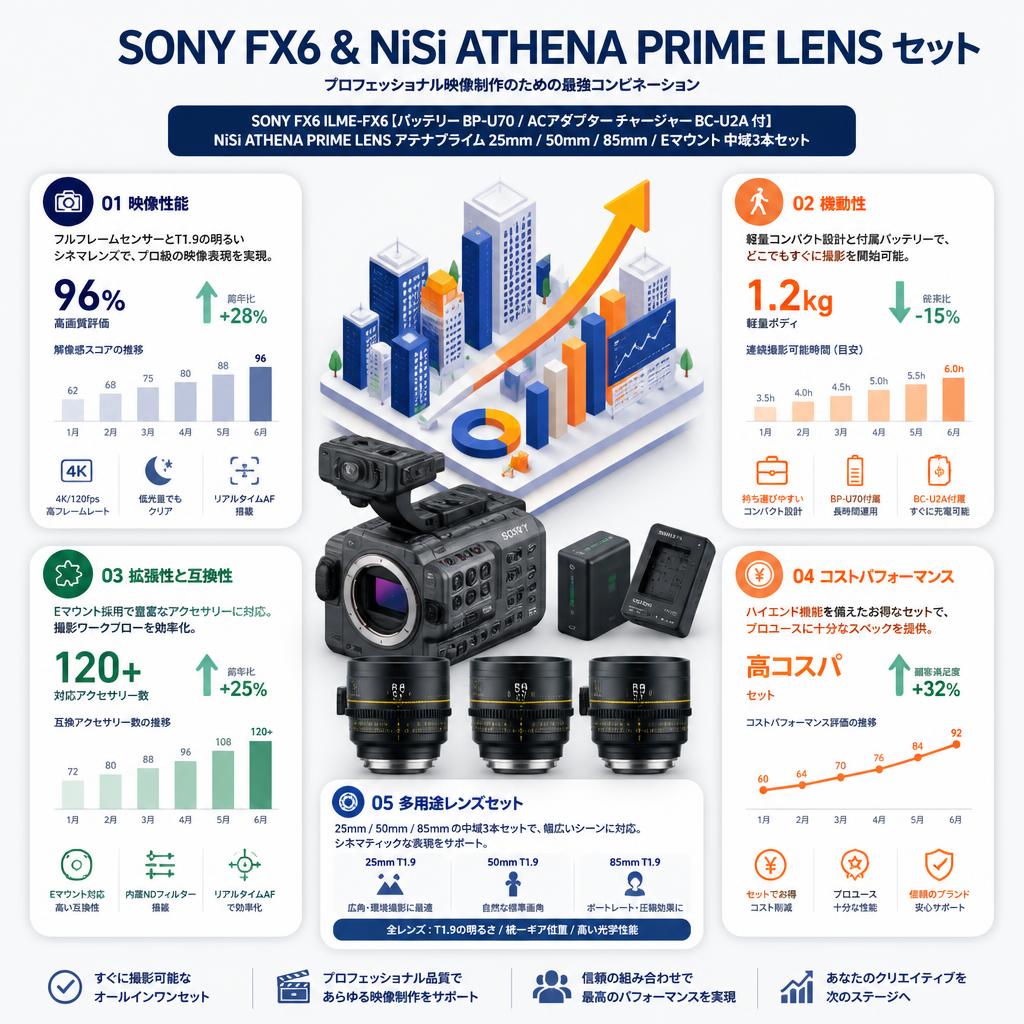 SONY FX6 ILME-FX6【バッテリー BP-U70 / ACアダプター チャージャー BC-U2A 付】/ NiSi ATHENA PRIME LENS アテナプライム  25mm / 50mm / 85mm/  Eマウント 中域3本セット セールスポイント