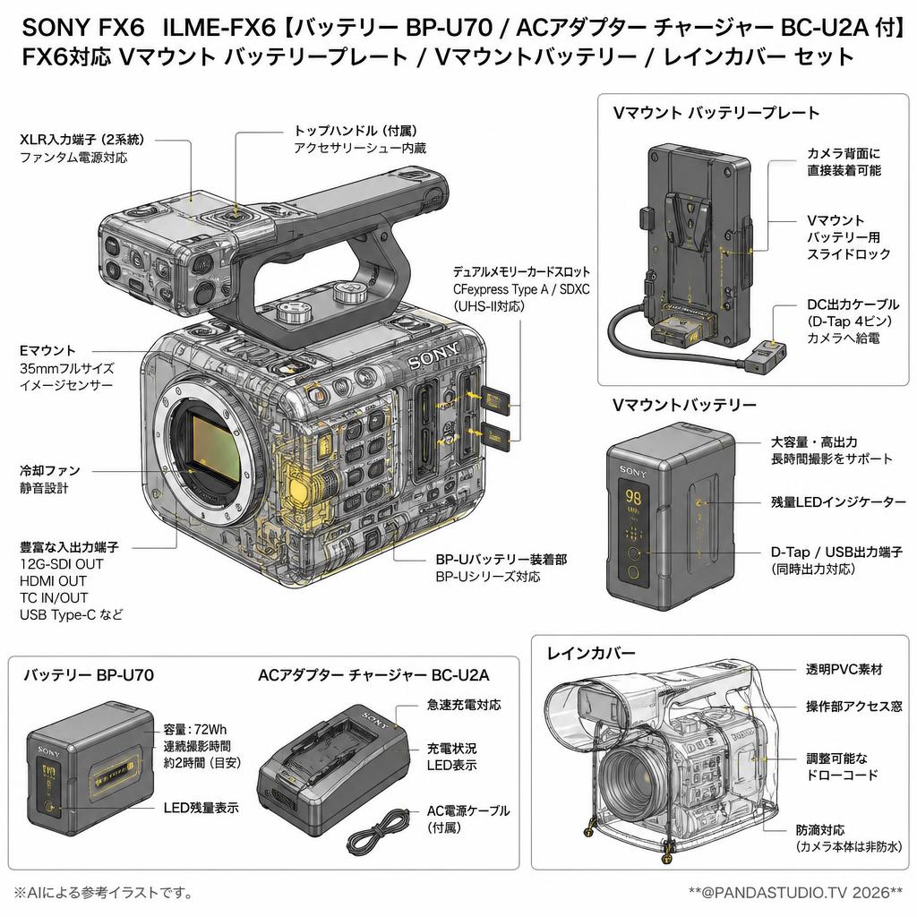 SONY FX6  ILME-FX6【バッテリー BP-U70 / ACアダプター チャージャー BC-U2A 付】 / FX6対応 Vマウント バッテリープレート / Vマウントバッテリー / レインカバー セット スペック