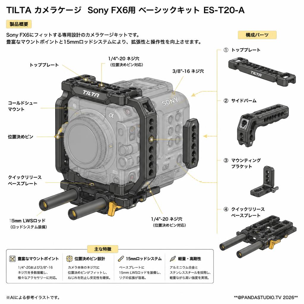 TILTA カメラケージ Sony FX6用 ベーシックキット ES-T20-A スペック