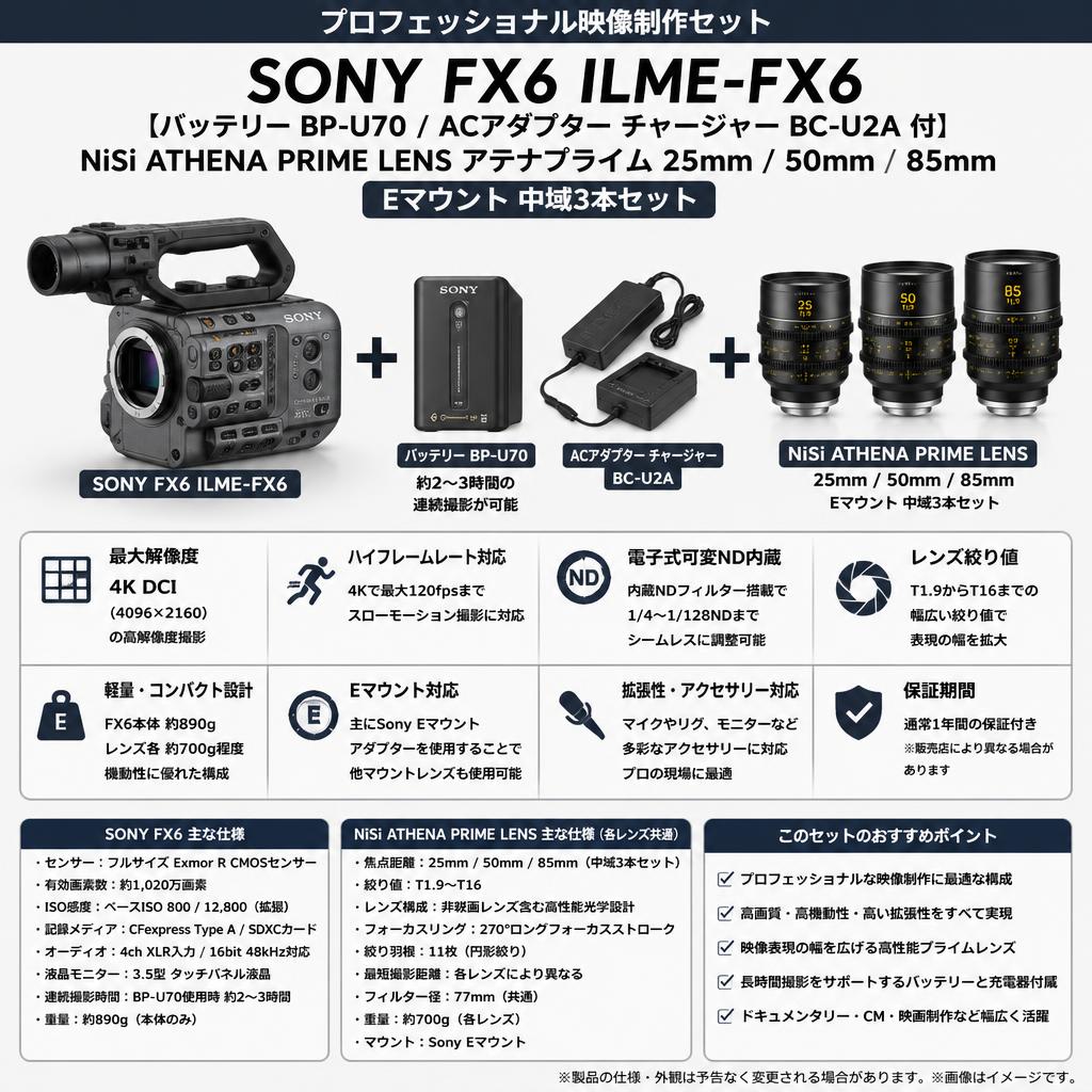 SONY FX6 ILME-FX6【バッテリー BP-U70 / ACアダプター チャージャー BC-U2A 付】/ NiSi ATHENA PRIME LENS アテナプライム  25mm / 50mm / 85mm/  Eマウント 中域3本セット FAQ（よくある質問と答え）