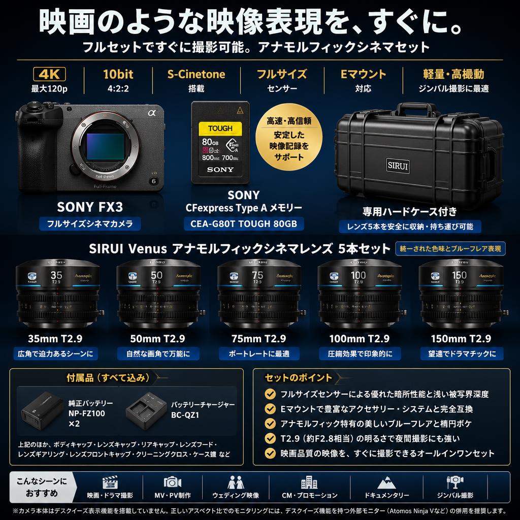 SONY FX3 / SONY CFexpress Type A メモリー CEA-G80T TOUGH 80GB / SIRUI Venus アナモルフィックシネマ レンズ 35mm / 50mm / 75mm / 100mm / 150mm T2.9 Eマウント 専用ハードケース付き FAQ（よくある質問と答え）