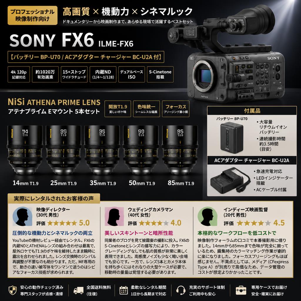 SONY FX6 ILME-FX6【バッテリー BP-U70 / ACアダプター チャージャー BC-U2A 付】NiSi ATHENA PRIME LENS アテナプライム 14mm / 25mm / 35mm / 50mm / 85mm Eマウント 5本セット インターネット上のお客様の声（評判）