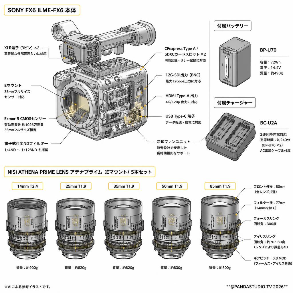 SONY FX6 ILME-FX6【バッテリー BP-U70 / ACアダプター チャージャー BC-U2A 付】NiSi ATHENA PRIME LENS アテナプライム 14mm / 25mm / 35mm / 50mm / 85mm Eマウント 5本セット スペック