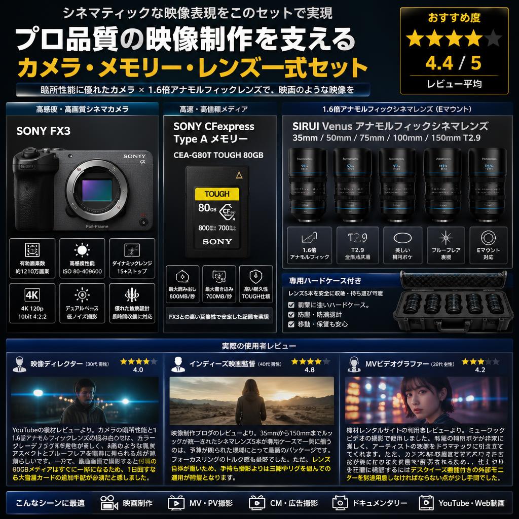 SONY FX3 / SONY CFexpress Type A メモリー CEA-G80T TOUGH 80GB / SIRUI Venus アナモルフィックシネマ レンズ 35mm / 50mm / 75mm / 100mm / 150mm T2.9 Eマウント 専用ハードケース付き インターネット上のお客様の声（評判）