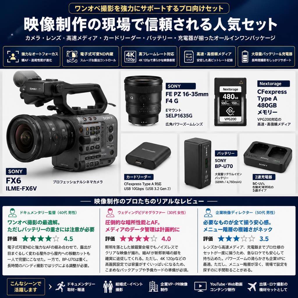 SONY FX6 ILME-FX6V / SONY FE PZ 16-35mm F4 G Eマウント SELP1635G / Nextorage CFexpress Type A 480GB メモリー / カードリーダー / バッテリー BP-U70 / 2連充電器 BC-U2A セット インターネット上のお客様の声（評判）