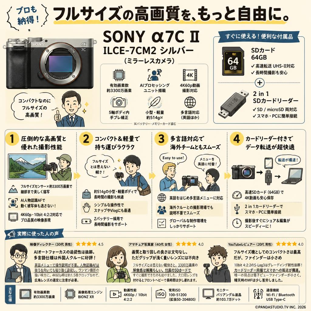 SONY α7C II ILCE-7CM2  シルバー(ミラーレスカメラ)（多言語 / 日本語なし）SDカード 64GB ＋ 2 in 1 SDカードリーダー付属 インターネット上のお客様の声（評判）