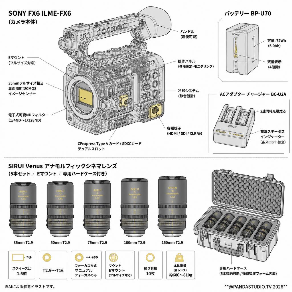 SONY FX6 ILME-FX6 / バッテリー BP-U70 / ACアダプター チャージャー BC-U2A 付 /  SIRUI Venus アナモルフィックシネマ レンズ 35mm / 50mm / 75mm / 100mm / 150mm T2.9 Eマウント 専用ハードケース付き スペック