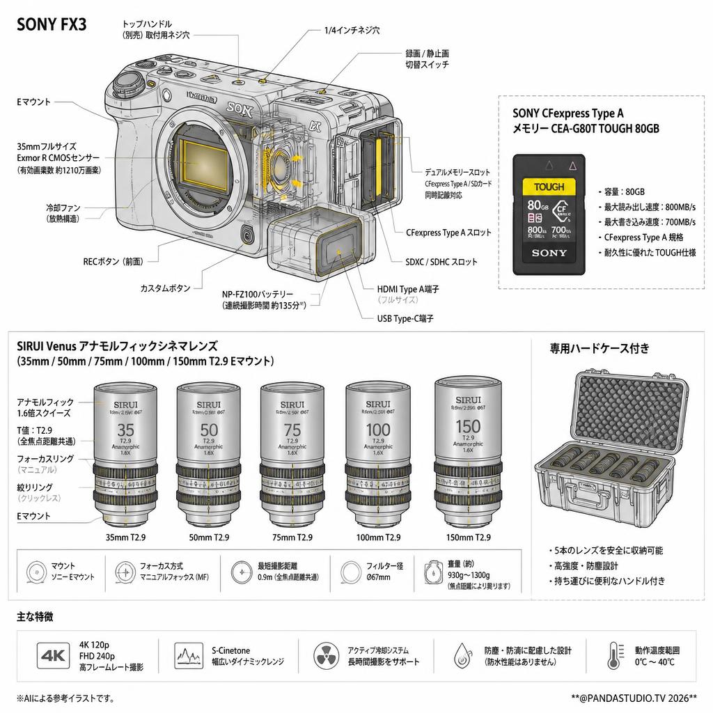 SONY FX3 / SONY CFexpress Type A メモリー CEA-G80T TOUGH 80GB / SIRUI Venus アナモルフィックシネマ レンズ 35mm / 50mm / 75mm / 100mm / 150mm T2.9 Eマウント 専用ハードケース付き スペック
