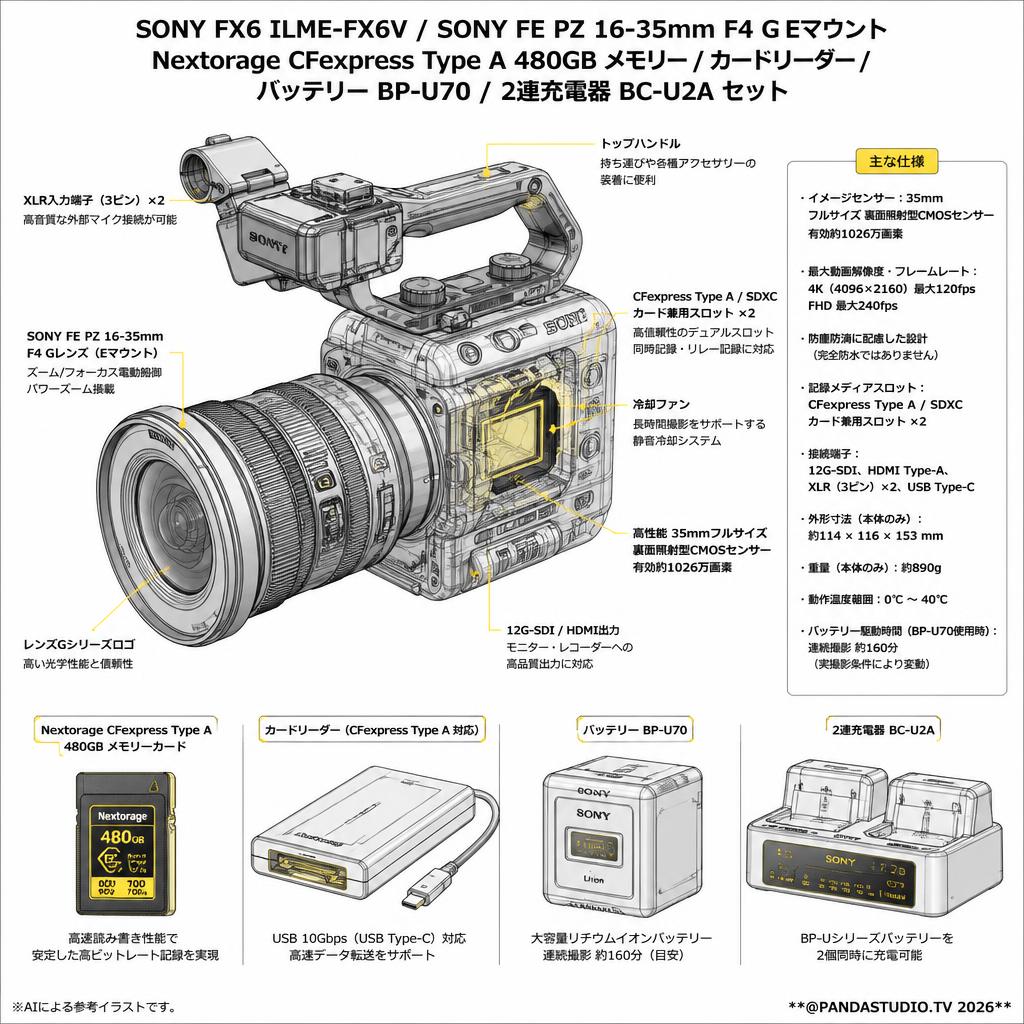 SONY FX6 ILME-FX6V / SONY FE PZ 16-35mm F4 G Eマウント SELP1635G / Nextorage CFexpress Type A 480GB メモリー / カードリーダー / バッテリー BP-U70 / 2連充電器 BC-U2A セット スペック