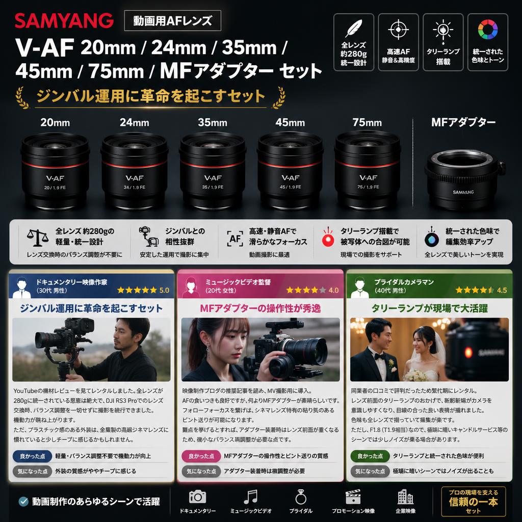 SAMYANG 動画用AFレンズ V-AF 20mm / 24mm / 35mm / 45mm / 75mm / MF アダプター セット インターネット上のお客様の声（評判）