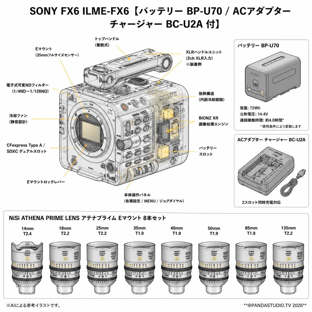 SONY FX6 ILME-FX6【バッテリー BP-U70 / ACアダプター チャージャー BC-U2A 付】/ NiSi ATHENA PRIME LENS アテナプライム 14mm / 18mm / 25mm / 35mm / 40mm / 50mm / 85mm/ 135mm Eマウント 8本セット スペック