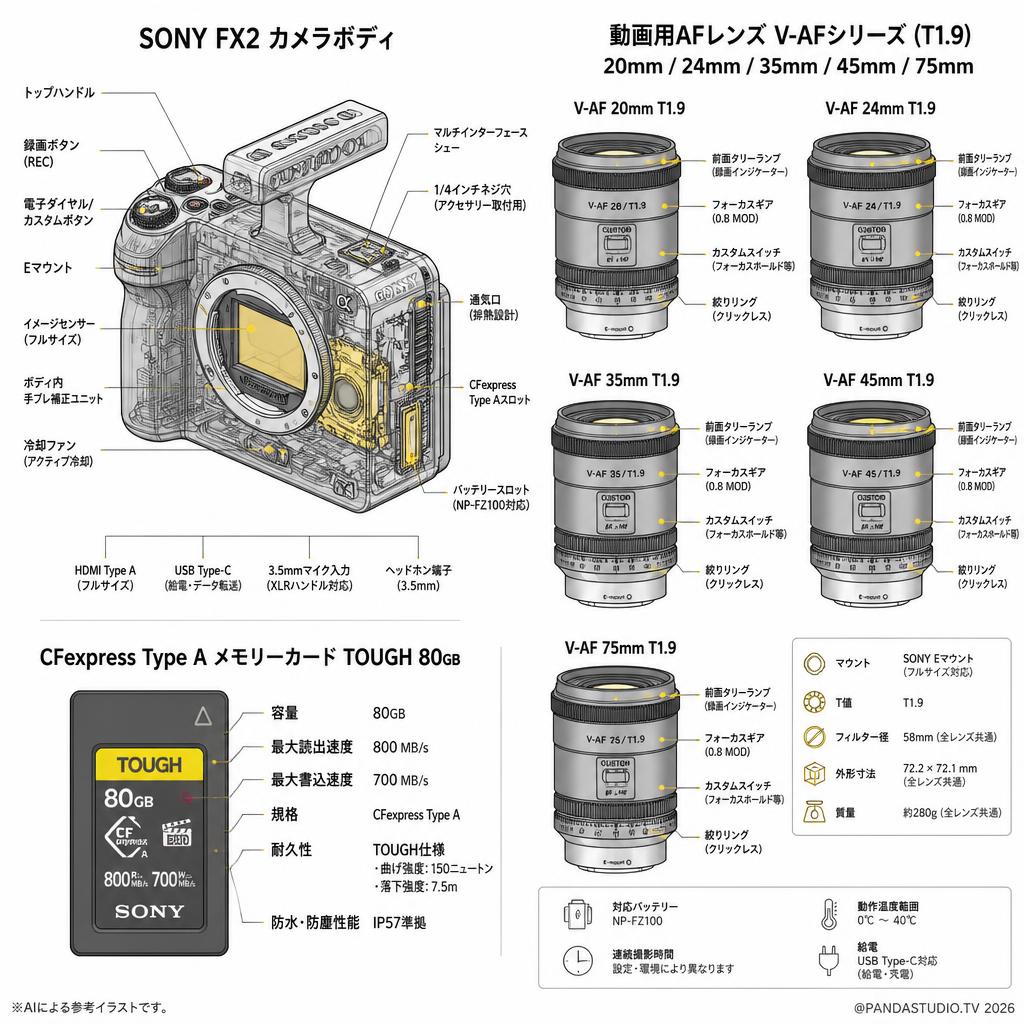 SONY FX2 /  動画用AFレンズ V-AF 20mm / 24mm / 35mm / 45mm / 75mm / CFExpress Type Aメモリー TOUGH 80GB セット スペック