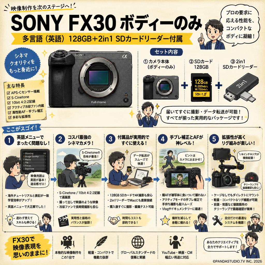 SONY FX30 ボディーのみ（多言語 / 英語 / 日本語なし）128GB ＋ 2 in 1 SDカードリーダー付属 インターネット上のお客様の声（評判）