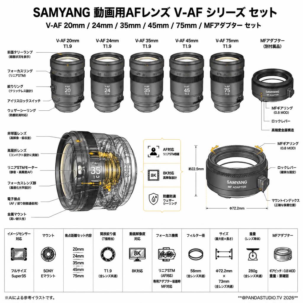 SAMYANG 動画用AFレンズ V-AF 20mm / 24mm / 35mm / 45mm / 75mm / MF アダプター セット スペック