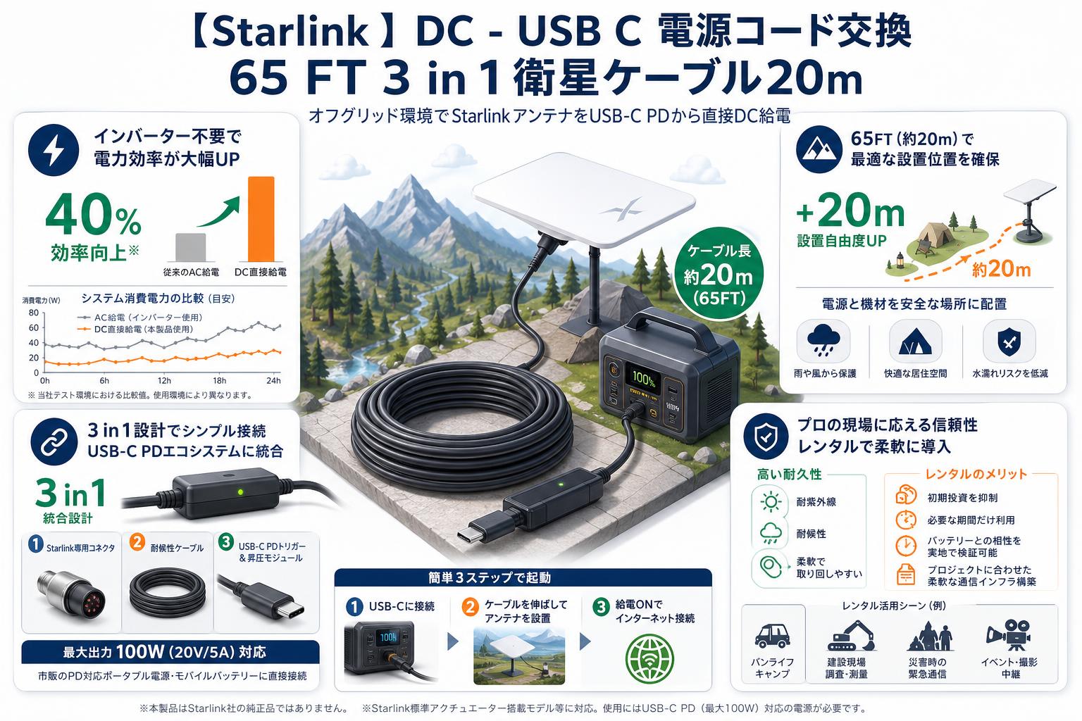 【Starlink 】 DC - USB C 電源コード交換 65 FT 3 in 1 衛星ケーブル20m 概要