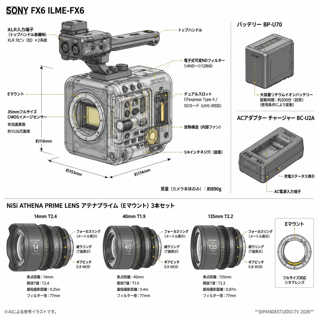 SONY FX6 ILME-FX6【バッテリー BP-U70 / ACアダプター チャージャー BC-U2A 付】 / NiSi ATHENA PRIME LENS アテナプライム 14mm / 40mm / 135mm Eマウント 3本セット スペック