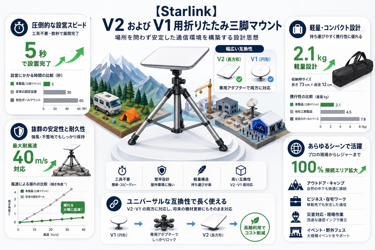 【Starlink】V2 および V1 用折りたたみ三脚マウント 概要
