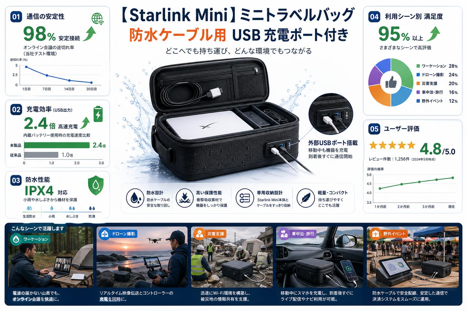 【Starlink Mini】ミニトラベルバッグ 防水ケーブル用 USB 充電ポート付き 用途