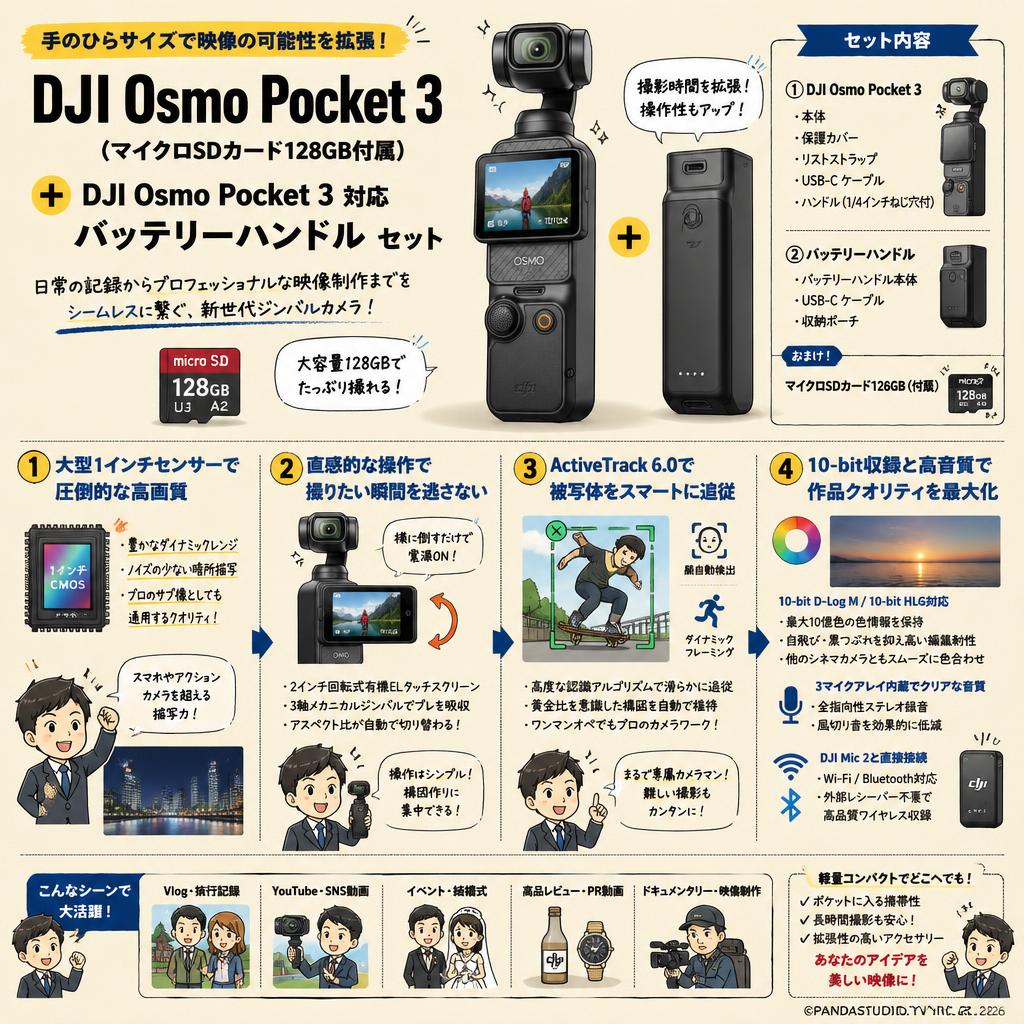 DJI Osmo Pocket 3 (マイクロSDカード128GB付属) + DJI Osmo Pocket 3 対応 バッテリーハンドル セット 概要