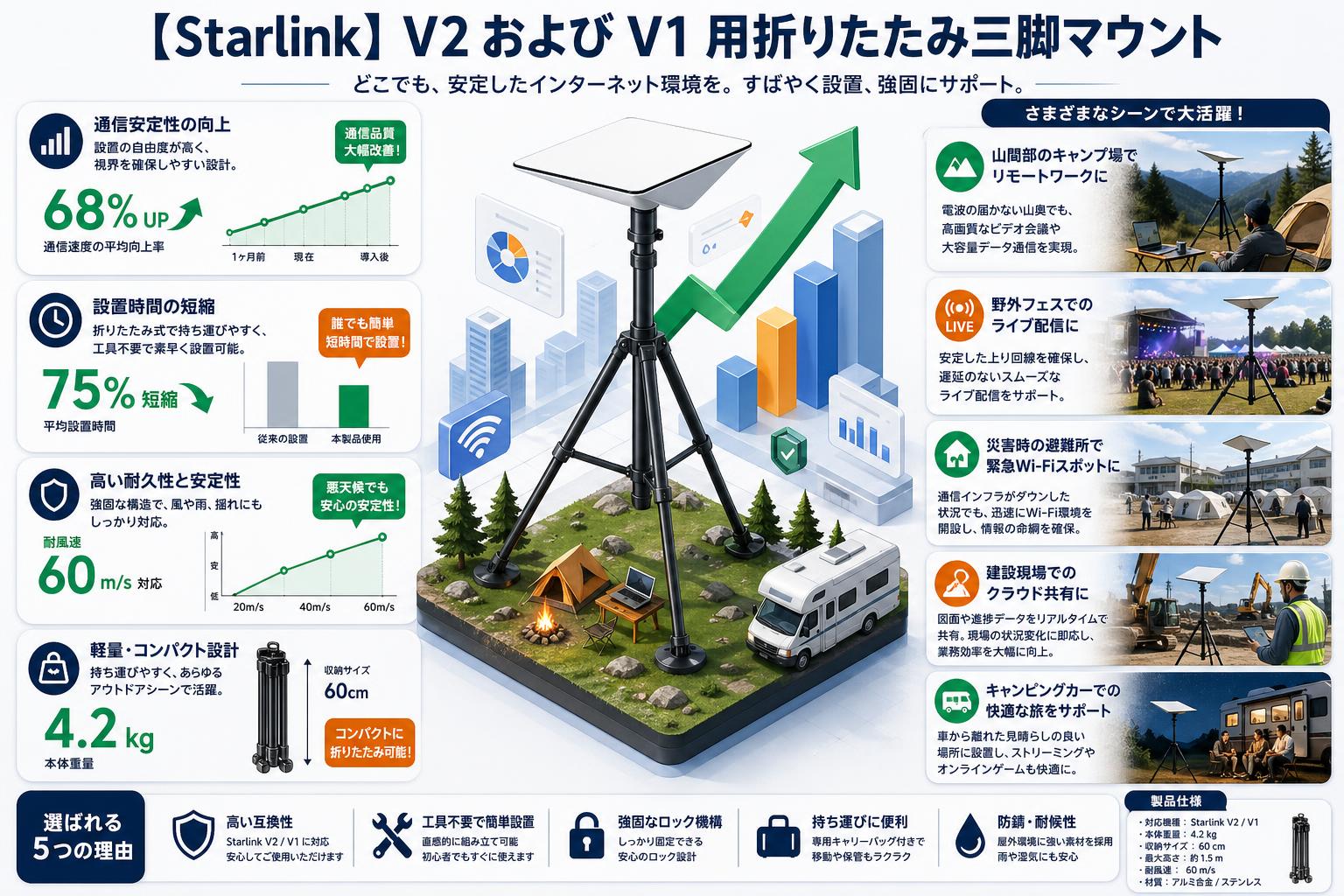 【Starlink】V2 および V1 用折りたたみ三脚マウント 用途