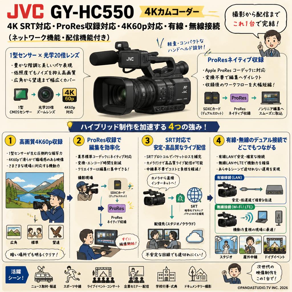 JVC GY-HC550 4K SRT対応 ProRes収録対応 4K60p対応 有線・無線接続（ネットワーク機能・配信機能付き） 概要